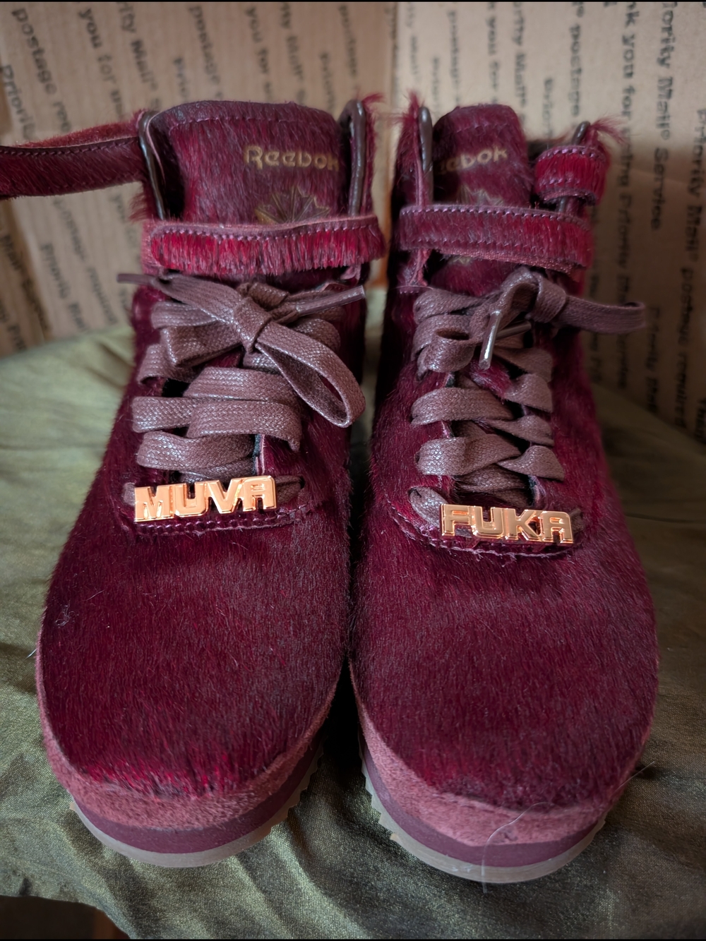 Reebok Women’s Burgundy Fur Platform Sneakers with Rose-Gold Nameplate
